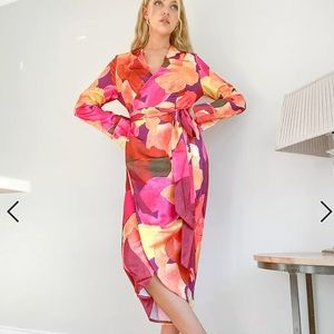 Never Fully Dressed satin wrap midi dress in abstract paint stroke